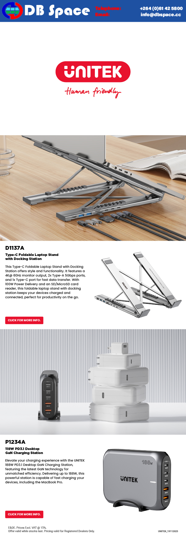 DB Space cc – Unitek – D1137A Foldable Laptop Stans & P1234A Charging Station. 22/01/2026
