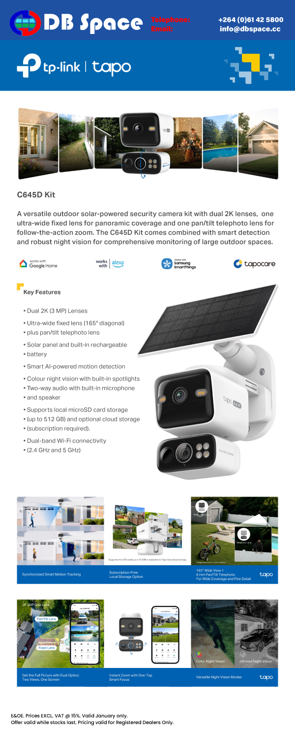 DB Space cc – TP Link Tapo C645D Kit – Ex stock Windhoek – 07/04/2026